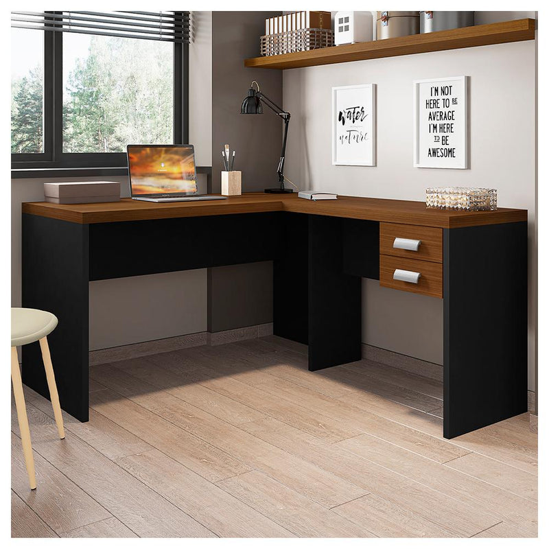 Mesa Canto Com Gaveta Escritório Marrom Preto Studio Caemmun