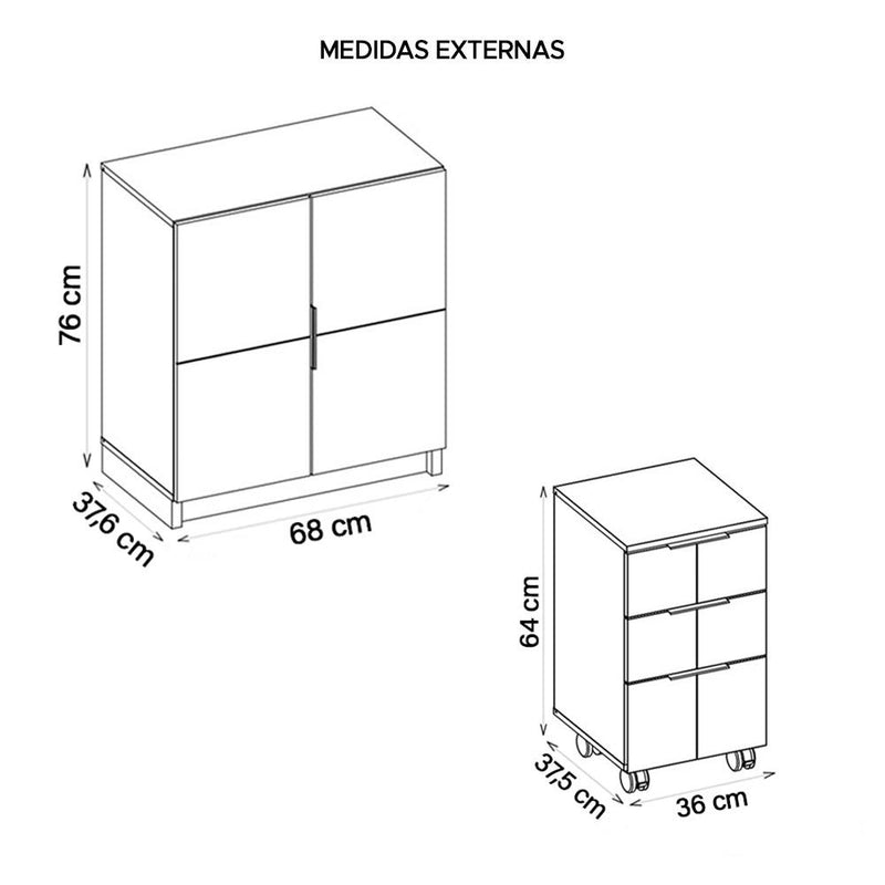 Kit Escritório Armário Com 2 Gaveteiros Cubic Branco Caemmun