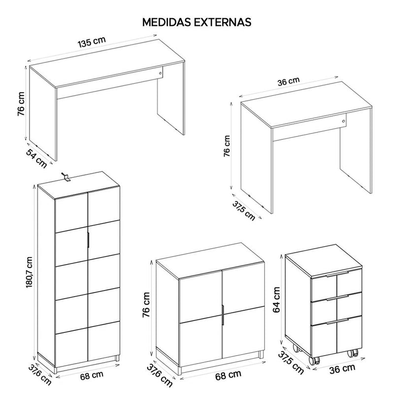 Kit Conjunto Escritório 9 Peças Cubic Branco Caemmun