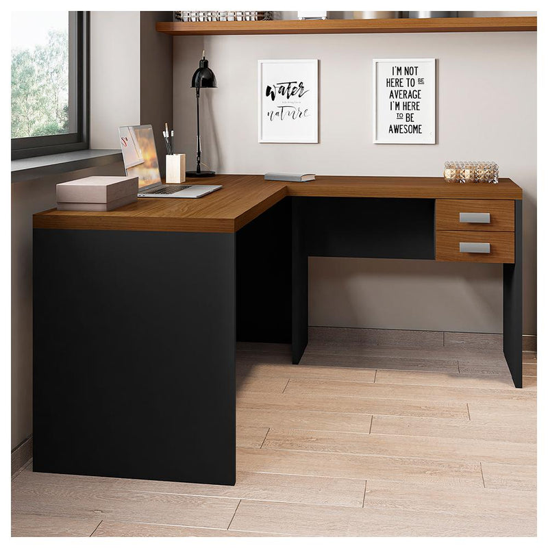 Mesa Canto Com Gaveta Escritório Marrom Preto Studio Caemmun